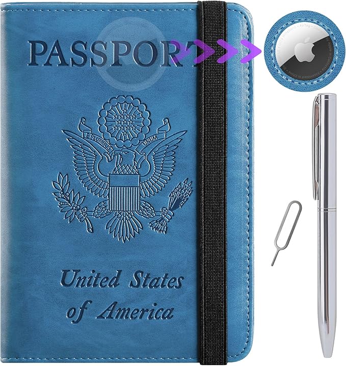 Airtag Passport Holder Cover Wallet Travel Essentials RFID Blocking Leather Card Case International Must Haves Travel Accessories for Women Men(119#Blue)