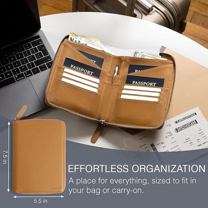 Full Grain Leather Family Passport Holder for 4 Passports - RFID Passport Holder and Travel Document Organizer - Large Leather Travel Wallet for Families - Camel