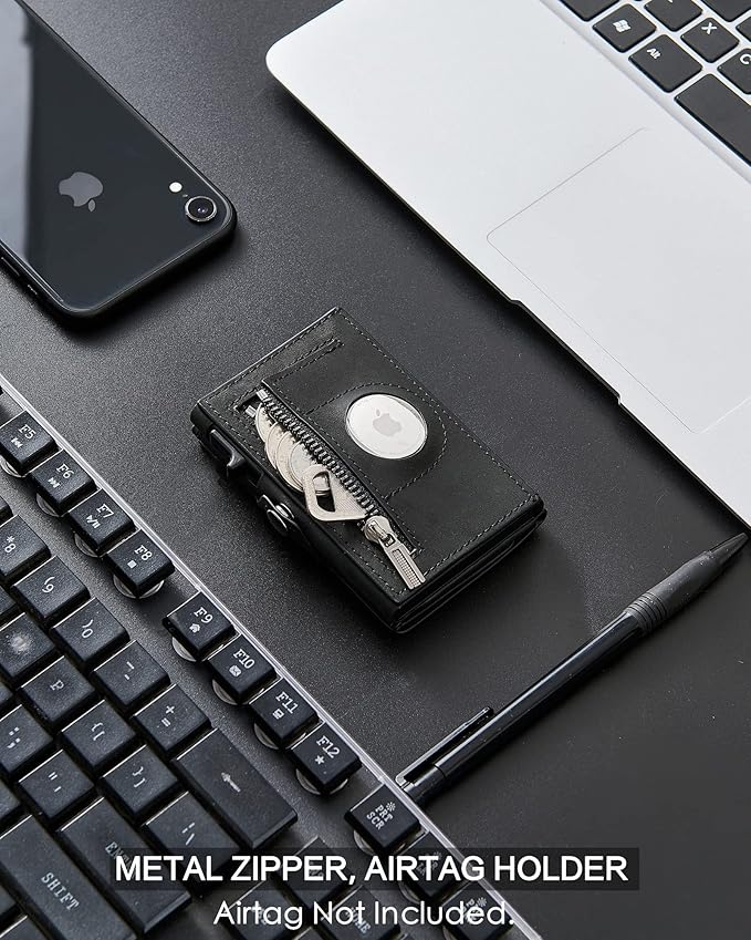 Mens Wallet Card Holder for AirTag, Leather Smart Wallet for Men, Airtag Wallet Pop Up Wallet, RFID Blocking, Slim, Carbon Fiber, Minimalist - 10-14 Card Capacity | ID Window | Cash Slot (Black)