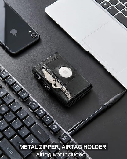 Mens Wallet Card Holder for AirTag, Leather Smart Wallet for Men, Airtag Wallet Pop Up Wallet, RFID Blocking, Slim, Carbon Fiber, Minimalist - 10-14 Card Capacity | ID Window | Cash Slot (Black)