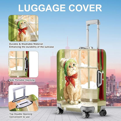 FOREVER QUEEN Christmas Cute cat Luggage Cover Suitcase Protector Suitcase Cover Anti-Scratch,Stretchable Bag Cover Washable Durable Polyester
