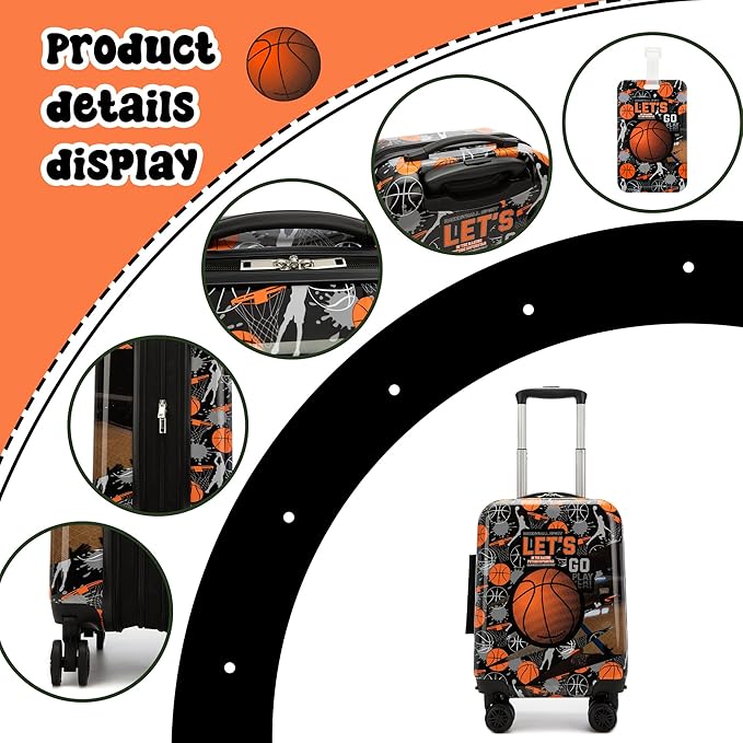Kid’s Luggage Set 5 Piece Suitcase Set 16’’ Hardside Basketball Luggage with Spinner Wheels Boys Carry on Toddler Travel Rolling Suitcase Carry on Luggage Airline Approved
