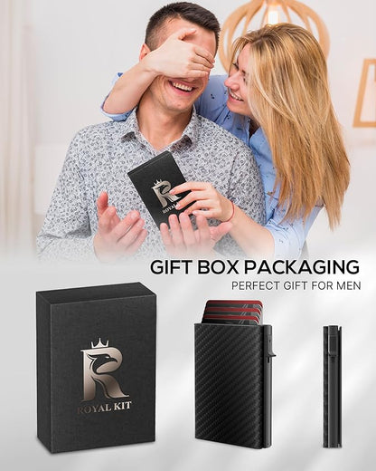 Mens Wallet Card Holder - Smart Wallet for Men, Pop Up Card Case, Top Grain Leather, RFID Blocking, Slim, Minimalist, Ultra-Thin, Front Pocket, 12 Card Capacity | ID Window | Cash Slot (Carbon Fiber)