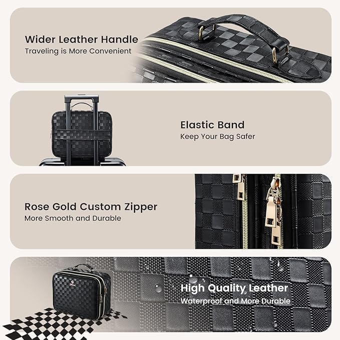 Makeup Bag with LED Lighted Mirror 12.2 IN Travel Double Layer Makeup Case Adjustable Brightness in 3 Colors Cosmetic Organizer Artist Storage with Dividers Brush Holder Vanity Black Checkerboard