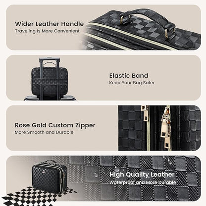 Makeup Bag with LED Lighted Mirror 12.2 IN Travel Double Layer Makeup Case Adjustable Brightness in 3 Colors Cosmetic Organizer Artist Storage with Dividers Brush Holder Vanity Black Checkerboard