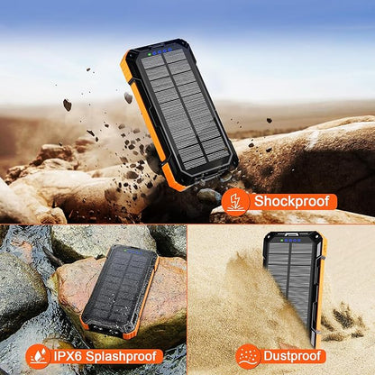 WONGKUO Solar Charger Power Bank - 49800mAh Solar Phone Charger with USB-C in/Output, QC 3.0 Fast Charging with LED Flashlight, Built-in 4 Cables, IP65 Waterproof Fits for Outdoor (Matte Orange)