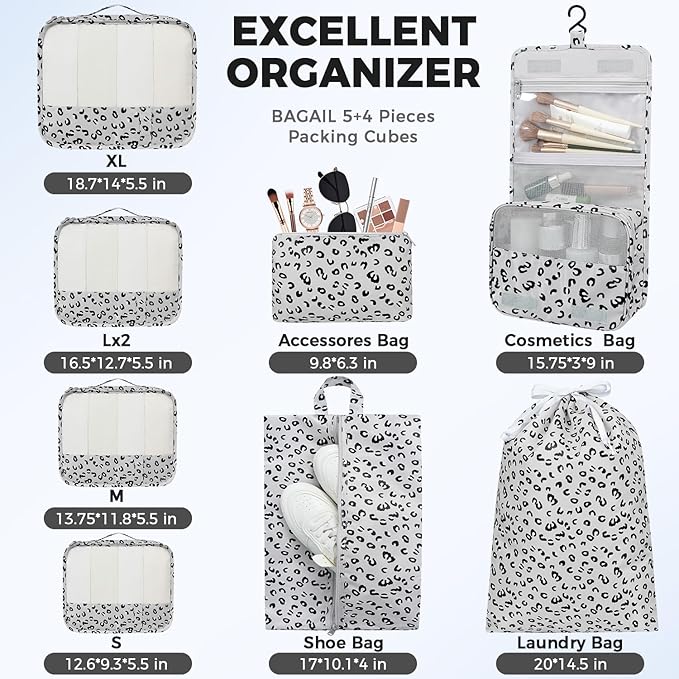 BAGAIL 9 Set Packing Cubes Luggage Packing Organizers for Travel Accessories