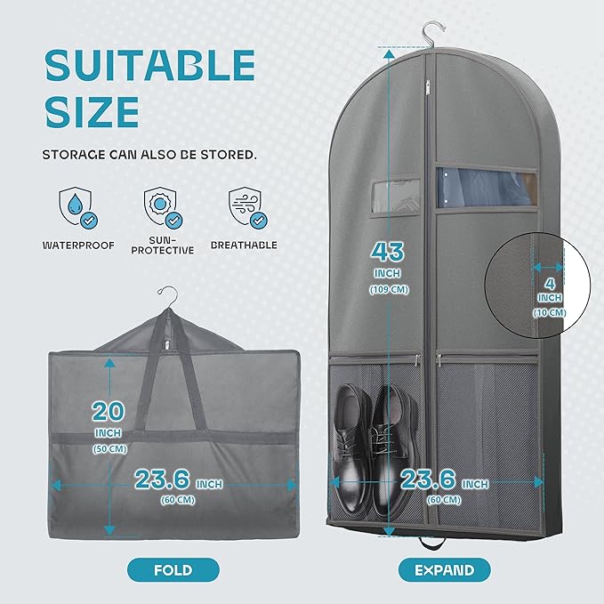 Travel Garment Bag with Zipper Pocket, Suit Bag for Suits, Dresses, Coats