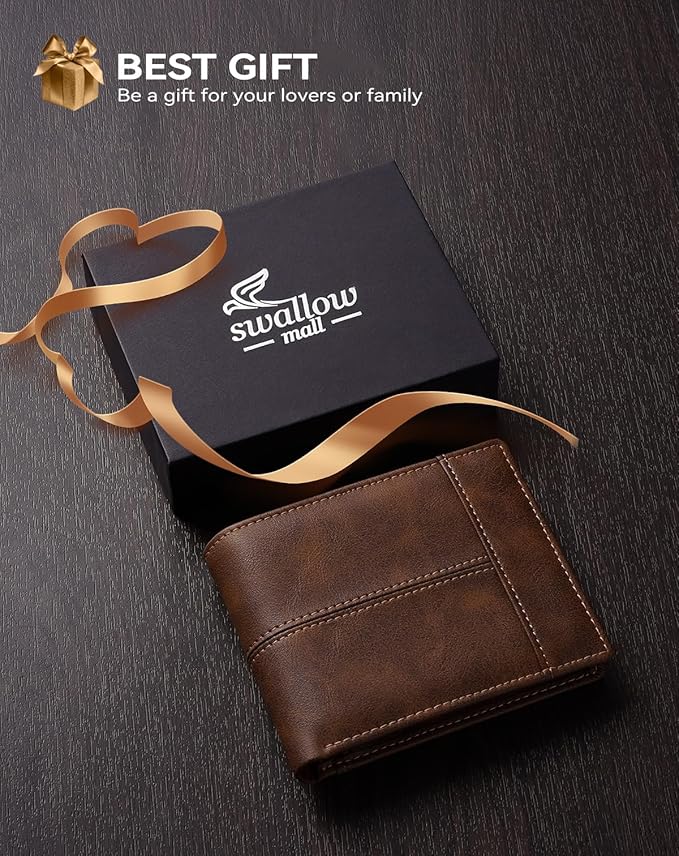 Swallowmall Leather Wallet for Mens Genuine Leather RFID Blocking Bifold Wallets with 2 ID Windows 13 Card Slots