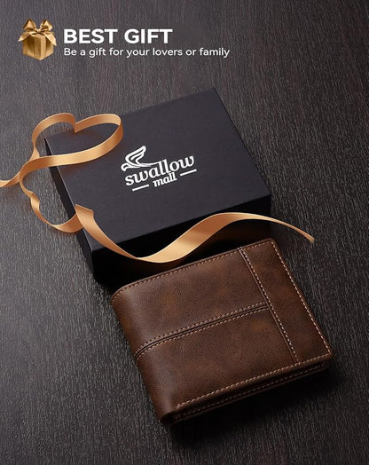 Swallowmall Leather Wallet for Mens Genuine Leather RFID Blocking Bifold Wallets with 2 ID Windows 13 Card Slots
