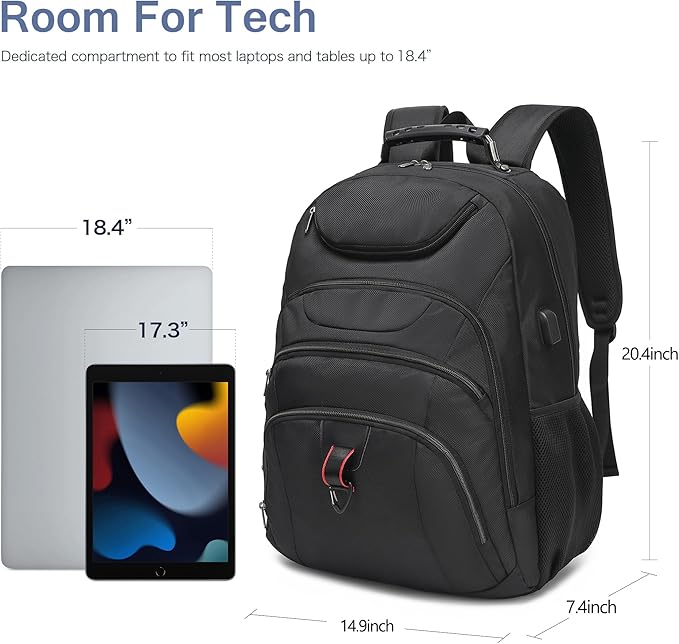 Extra Large Laptop Backpack for Men,37L Gaming Laptop Backpack,18.4Inch Travel Backpack with USB Charging Port, Business Flight Approved -Big Capacity Computer Bag College Bookbag, Black Black