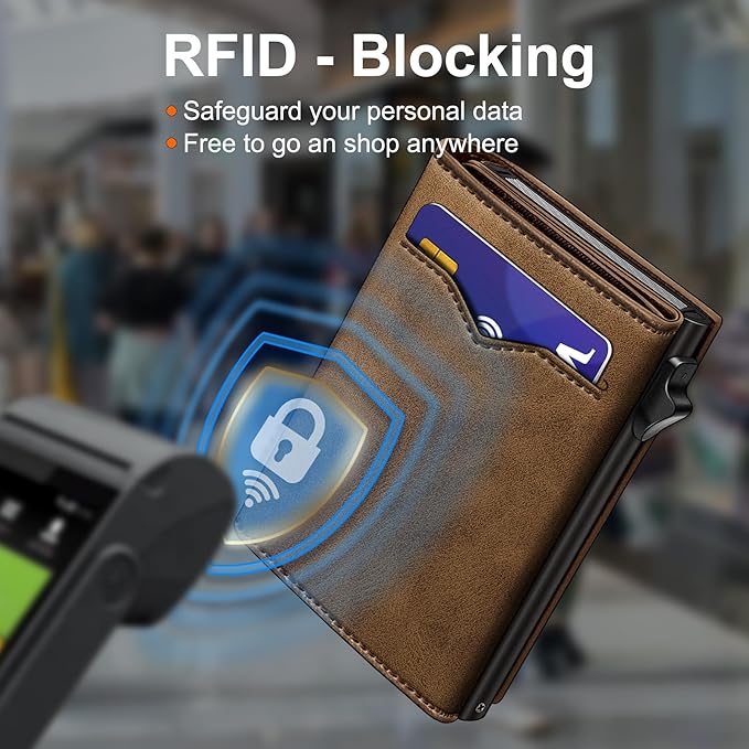 Wallet for Men,with Cash Pocket 2 ID Window 9-13 Cards,Metal Case Smart Slim Pop Up Credit Card Holder Flip with Magnetic Closure RFID Blocking Trifold wallet with Gift Box
