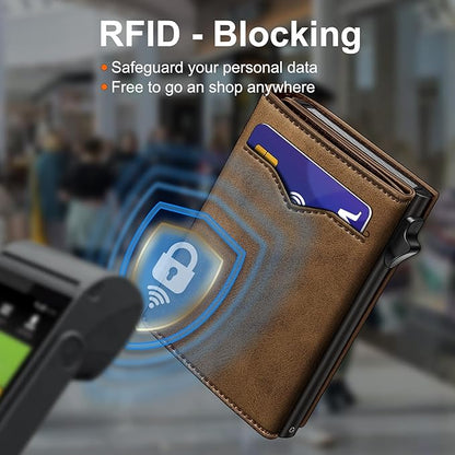 Wallet for Men,with Cash Pocket 2 ID Window 9-13 Cards,Metal Case Smart Slim Pop Up Credit Card Holder Flip with Magnetic Closure RFID Blocking Trifold wallet with Gift Box