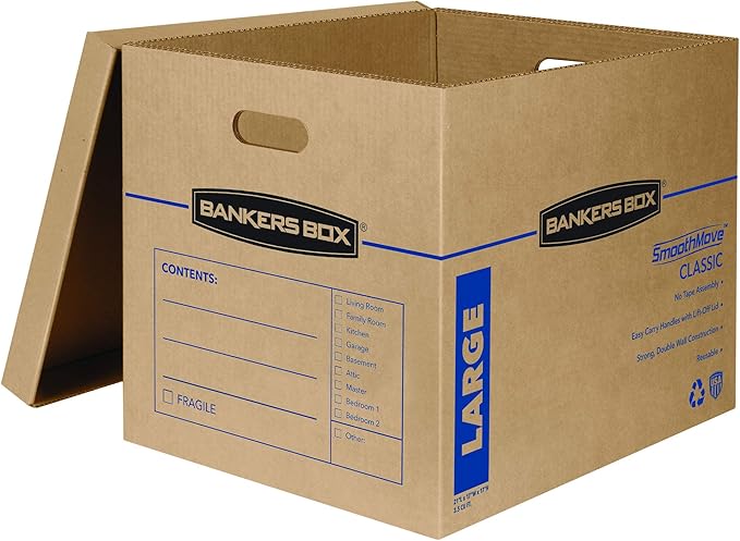 Bankers Box Large Classic Moving Box 10 Pack, Reinforced Handles, Tape-Free Assembly, Box with Lid, 21-in x 17-in x 17-in (7718202)