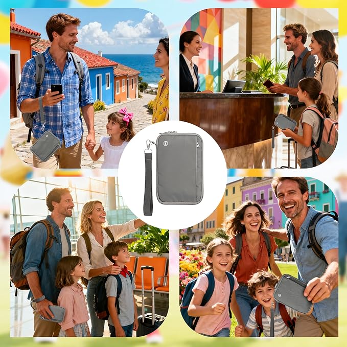 WALNEW Passport Holder for Travel Family, RFID-Blocking Travel Wallet Holder for 6 Passports, Water Resistant Bag Document Organizer for Cards, Cash, Boarding Passes, Tickets (Gray)