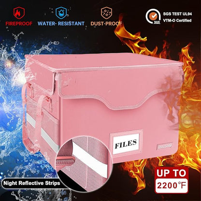 DocSafe Fireproof Document Box with Lock,File Storage Organizer with Pockets,Collapsible Portable File Box Home Office Safe Filing Cabinet with Handle for Hanging Letter/Legal Folders,Pink,2 Pack