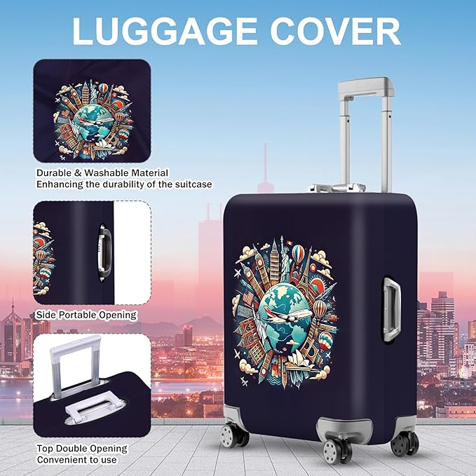 ANNA QUEEN World Landmarks Luggage Cover, Dark Travel-Themed Suitcase Protector with Airplane & Globe Design, Stretchable, Washable Luggage Sleeve for 24-26 Inch Suitcases