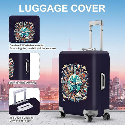 ANNA QUEEN World Landmarks Luggage Cover, Dark Travel-Themed Suitcase Protector with Airplane & Globe Design, Stretchable, Washable Luggage Sleeve for 32-34 Inch Suitcases