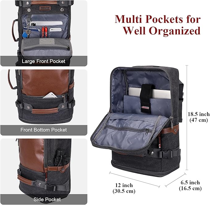 WITZMAN Travel Backpack for Men Women Carry on Luggage Backpack Canvas Rucksack Duffel bag with Shoe Compartment（A2020 black）
