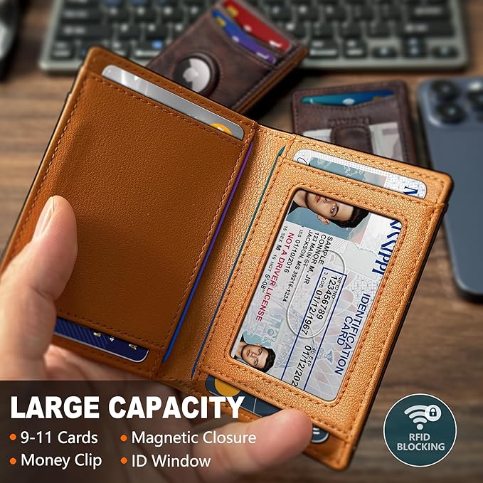 Airtag Wallet for Men- with Money Clip Gift Boxed, Magnetic Closure Slim Genuine Leather Front Pocket Wallet, 4.1"x 2.8", RFID Blocking