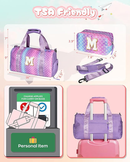 Girls Gifts for Her-Girl Gym Bag with Shoe Compartment, Kid Personalized Weekender Overnight Bags, Initial Travel Tote with Makeup Pouch, Girls Kids Gift (Letter V)