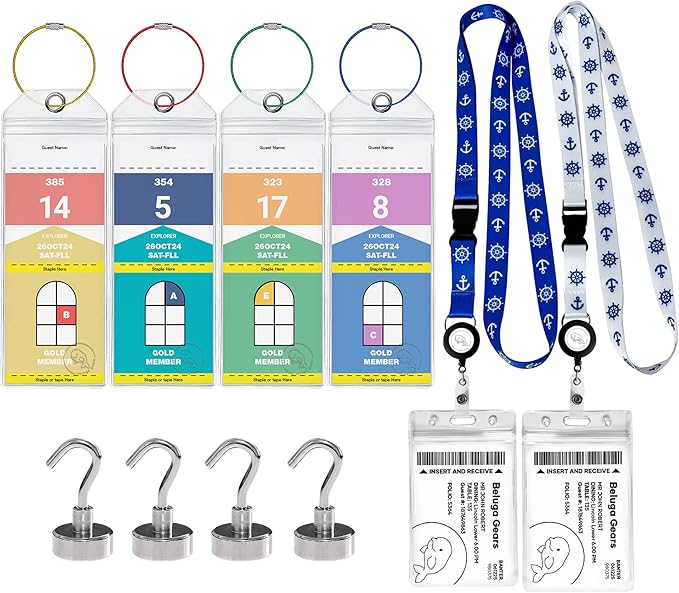 Cruise Luggage Tags Essentials 4 Sets with Zip Seal and Steel Loops + 2 Cruise Lanyard Detachable ID Holder Badge + 4 Cruise Cabin Magnetic Hooks (27lbs) - Royal Caribbean Set (10, Narrow Tags Set)