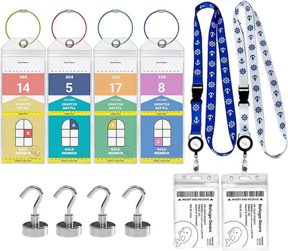 Cruise Luggage Tags Essentials 4 Sets with Zip Seal and Steel Loops + 2 Cruise Lanyard Detachable ID Holder Badge + 4 Cruise Cabin Magnetic Hooks (27lbs) - Royal Caribbean Set (10, Narrow Tags Set)