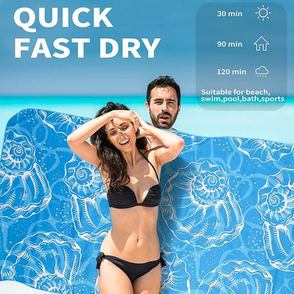 2 Pack Lightweight Thin Beach Towel Oversized 71"x32" Big Extra Large Microfiber Sand Free Towels for Adult Quick Dry Travel Camping Beach Accessories Vacation Essential Gift Black Mandala Blue Shell