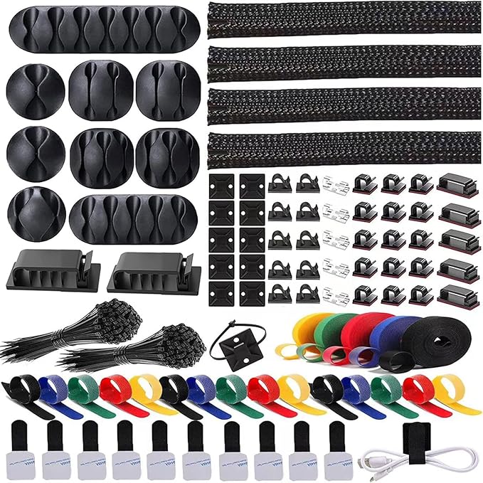 ELII 300PCS Cable Management Kit,4 Cable Sleeve 35 Cable Clips with 11Cord Holders,20 Roll Cable Organizer Straps and 200 Fastening Cable Ties,20 Cable Zip Tie Mounts for Computer TV Under Desk
