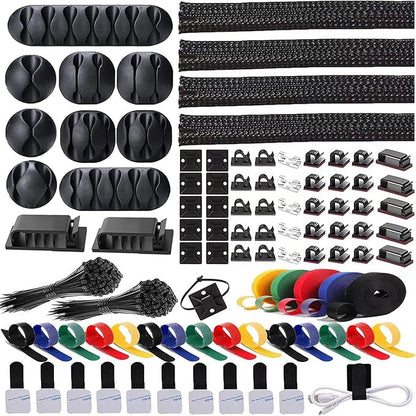 ELII 300PCS Cable Management Kit,4 Cable Sleeve 35 Cable Clips with 11Cord Holders,20 Roll Cable Organizer Straps and 200 Fastening Cable Ties,20 Cable Zip Tie Mounts for Computer TV Under Desk