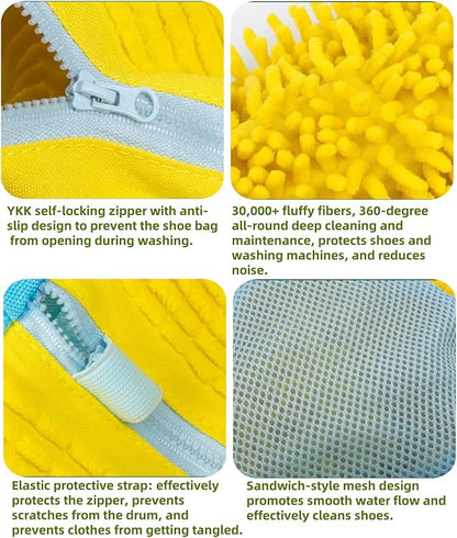 Shoe Washing Machine Bag 2 Pcs XL, Shoe Laundry Bag for Washer with Self-Locking Zipper, 360°Deep Clean Effectively Protects Shoes Suitable for Sneaker, Tennis and Other Types of Shoes (Yellow)
