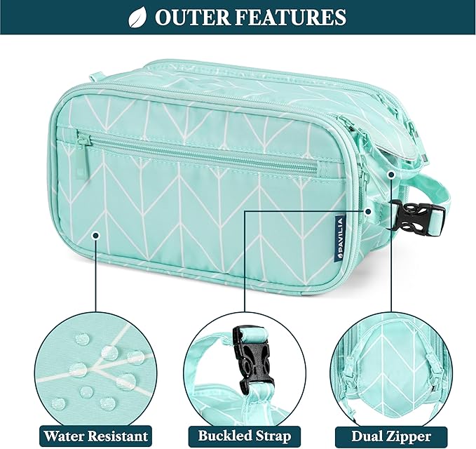 PAVILIA Large Toiletry Bag for Men Women, Mens Travel Bag Toiletries Organizer Case for Grooming, Travel Essentials Shaving Dopp Kit, PU Leather Water Resistant Cosmetic Pouch, Teal Chevron