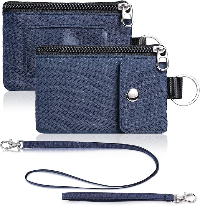 Minimalist Wallet For Mens Womens, Keychain RFID Blocking Zipper Small Wallet with ID Window 2 Lanyards,Water Resistant Travel Cash Card Coin Case Boys Girls