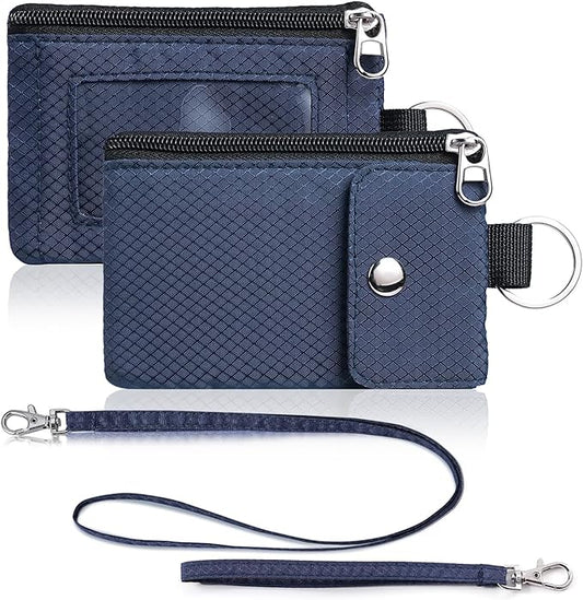 Minimalist Wallet For Mens Womens, Keychain RFID Blocking Zipper Small Wallet with ID Window 2 Lanyards,Water Resistant Travel Cash Card Coin Case Boys Girls