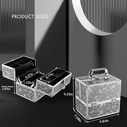 Frenessa Makeup Case Makeup Box Cosmetic Organizer Case Portable Make Up Travel Case Storage Box 4 Trays with Dividers Lockable Hard Train Case Nail Tech Supply Storag Silver Floral