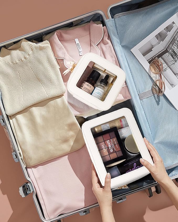 KOTORA Small Makeup Bag for Purse Cute Travel Makeup Bag Clear Cosmetic Bag with Zipper, Car Make Up Bag Organizer Storage Traveling Car Accessories Travel Essentials for Women (White)