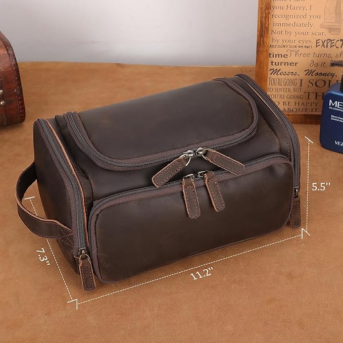 Polare Full Grain Leather Toiletry Case Bag Travel Dopp Kit Organizer Hanging Makeup Cosmetic Shaving Kit Wash Case for Men