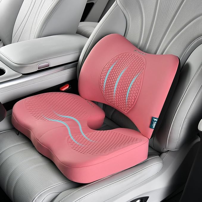 FLORICH Car Seat Cushion and Back Support for Office Chair Memory Foam Chair Cushions Pressure Relief Seat Pads with Gel Massage Point Lumbar Support (Pink)