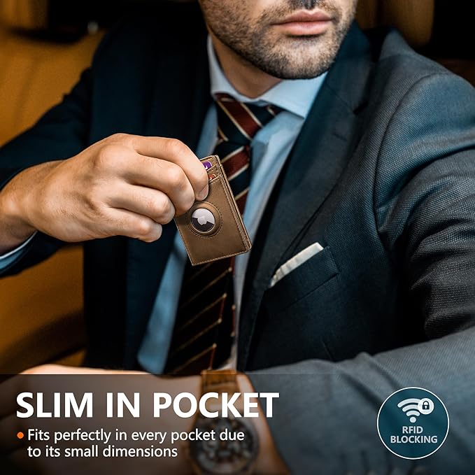 Airtag Wallet for Men- with Money Clip Gift Boxed, Magnetic Closure Slim Genuine Leather Front Pocket Wallet, 4.1"x 2.8", RFID Blocking