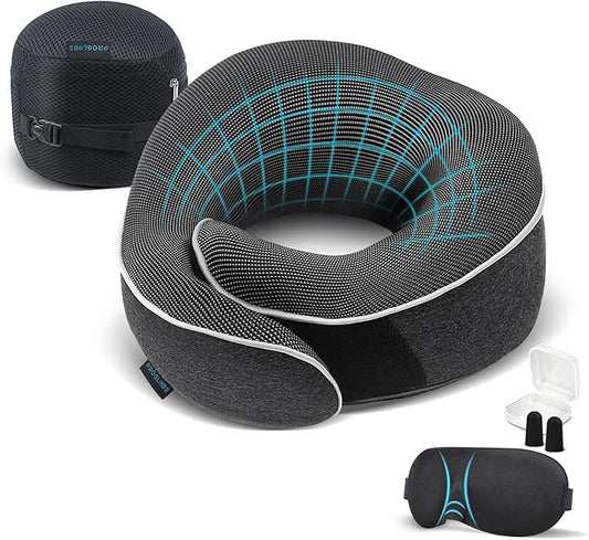 Proglobe Travel Neck Pillow 100% Memory Foam – Airplane & Car Travel Essentials Kit with 3D Eye Mask, Earplugs & Mesh Bag – Sleeping Support Pillow for Adults (Dark Grey)
