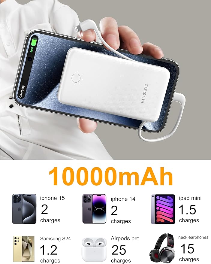 miisso Ultra Slim 10000mAh Power Bank Built-in Cables and Foldable AC Wall Plug, Pocket Size USB C Portable Charger, External Battery Pack Compatible with iPhone Samsung, 2 Pack Black & White