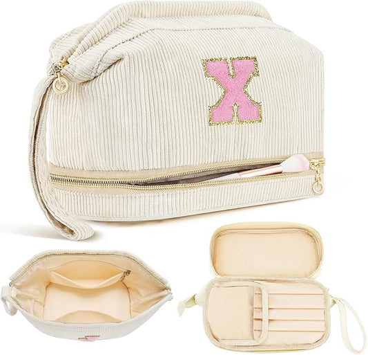 Makeup Bag for Girls Gift, Personalized Christmas Gifts Initial Women Makeup Bag for Travel, Double Layer Cosmetic Bag with Brush Organizer Preppy Make up Bag for Teen Girl Trendy - X