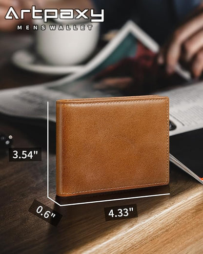 Mens Wallet Genuine Leather Bifold RFID Blocking Wallet for Men with 1 ID Window 13 Card Holders 2 cash pockets 1 Gift Box (Light Brown)
