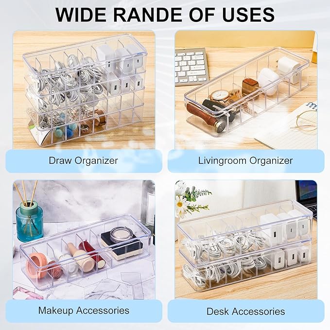 Tatuo 8 Pcs Cable Organizer Box with Wire Ties, Plastic Cord Storage Box with Lid, Electronics Organizer for Home Office Desk Organizers and Accessories (Clear)