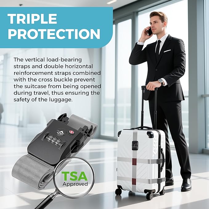 Luggage Straps with TSA Lock, Adjustable Heavy Duty Grey Luggage Straps for Suitcase with Reinforced Buckles, Cross Luggage Strap TSA Approved Combination Locks with Name Tags for Travel & Trip