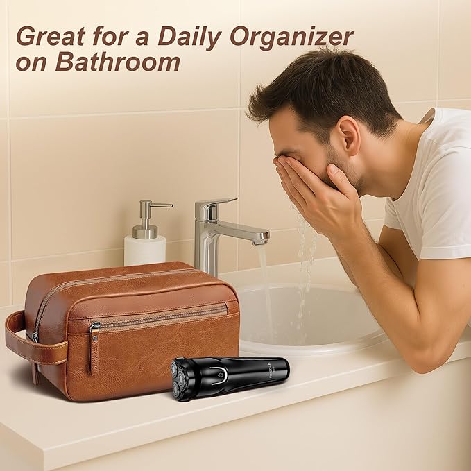 Travel Toiletry Bag for Men and Women, Travel Shaving Dopp Kit Water-resistant Bathroom Toiletries Organizer PU Leather Cosmetic Bags (Dark Brown)