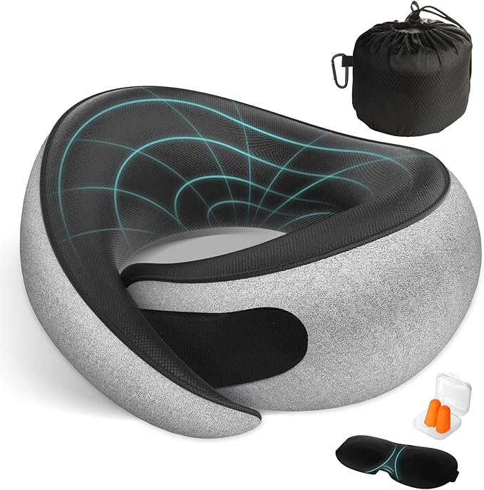 Travel Neck Pillows for Airplanes - 360° Ergonomic Memory Foam Travel Pillow - Relief Neck Pain with Breathable Support for Long Flights, Car, Train & Office Use - Adults & Kids (Gray)