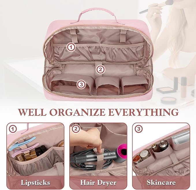 Fasrom Travel Makeup Bag for Women, Large Capacity Cosmetic & Toiletry Organizer Case, Make Up Storage Bags with Handle, Portable Pouch for Travel Essentials, Pink (Empty Bag Only)