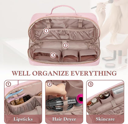 Fasrom Travel Makeup Bag for Women, Large Capacity Cosmetic & Toiletry Organizer Case, Make Up Storage Bags with Handle, Portable Pouch for Travel Essentials, Pink (Empty Bag Only)
