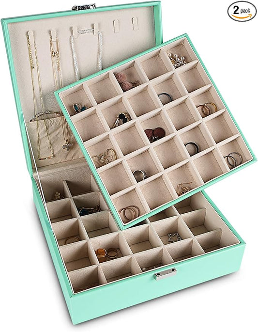 Frebeauty Earring Organizer Classic Jewelry Box 50 Slots Double Layer Jewelry Storage Case with 6 Necklace Hook and Bracelet Pocket(Turquoise)